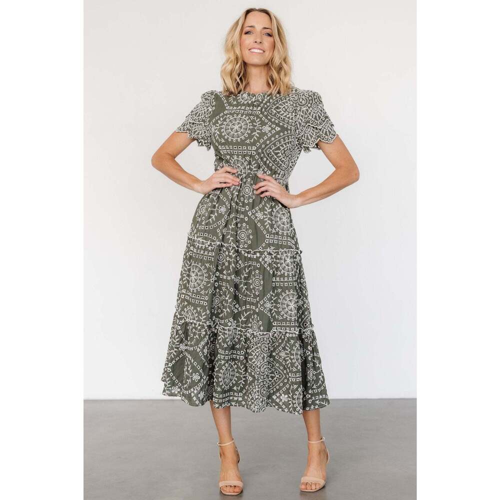Baltic Born Mirabel Eyelet Midi Dress | Olive + White Size 2XL
